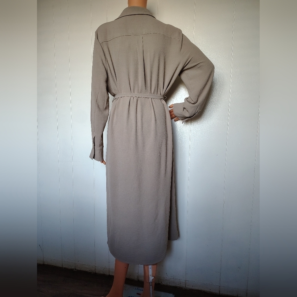DKNY Beige Button Front Collared Long Roll Tap Sleeve Woven Shirt Dress Size 14 - Picture 3 of 9